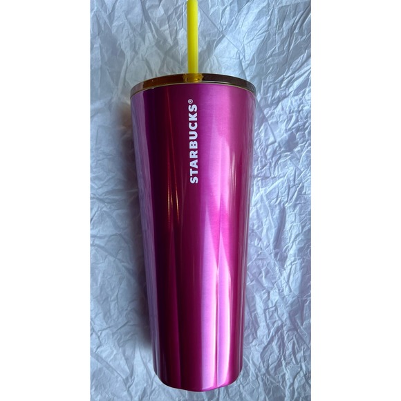 New Starbucks 2023 Venti SS Cold Cup Petunia Pink w/ Yellow Lid & Straw - Picture 2 of 8